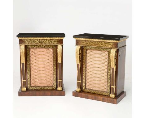 Circa 1820Very fine brass inlaid, each with a brass grille door with silk lining, enclosing an adjustable shelf, later solid 