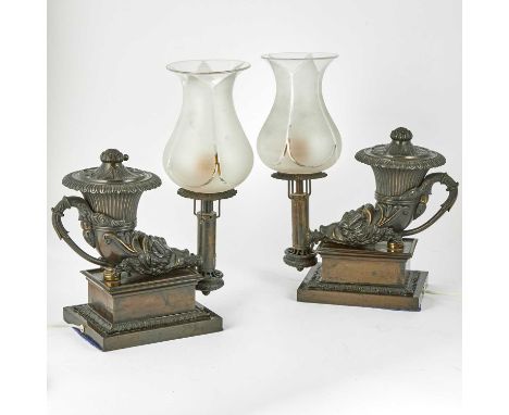 Each labeled Bright &amp; Co., London, circa 1830, with a glass lamp shade. Height overall 15 inches, width 13 inches, depth 