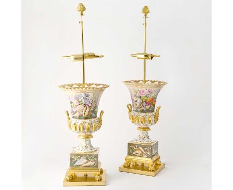 Mid 19th century, in the manner of Jacob PetitEach faceted form painted with blossoms and shells flanked by masked handles ab