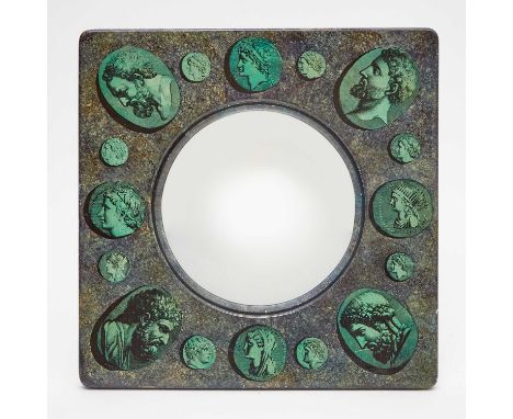 Circa 1950sThe circular concave mirror plate within a lithograph transfer-printed lacquer wood panel of classical figures in 