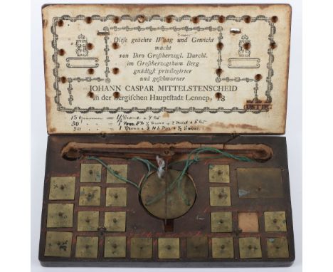 Johann Caspar Mittelstenscheid Set Of Coin Scales And Weights, consisting of hand held beam scales with brass pans, various s