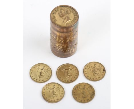 British Victories In The Peninsula – brass cylinder box and counters, engraved by Thomason &amp; Jones, with five counters, e