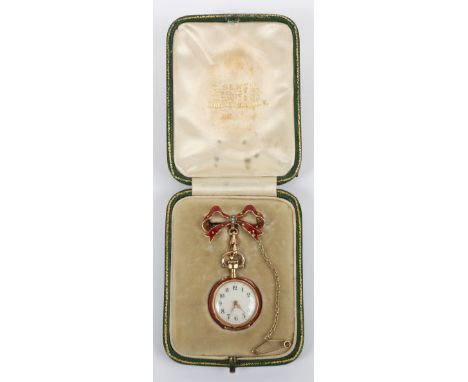 A lady’s 18ct gold, diamond and guilloche enamel fob watch, engraved ‘Remontoir cylinder 10 rubies 736236’, the case with liz