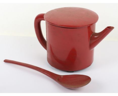 A Japanese red lacquer tea pot and ladle, teapot 15cmH, in wood box