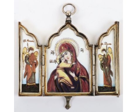 An early 20th century (1908-1926) Russian silver and cloisonne enamel triptych icon, by Khlebnikov, Moscow, the exterior pane