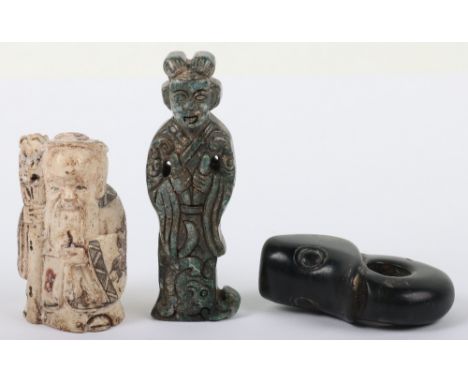 A Hongshan style carved nephrite ‘pig dragon’ 6cm, with a jade figure toggle 8cm, and a toggle of a carved elder with polychr