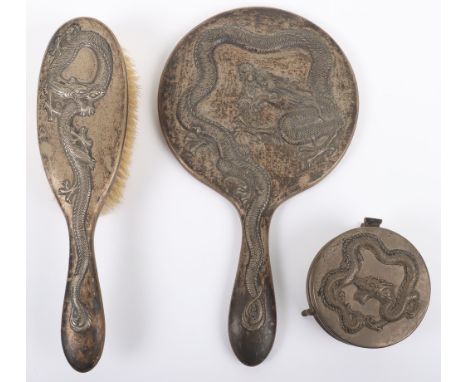 A 19th century Chinese export silver dressing set, Cumwo, Hong Kong, dresser brush, mirror and box with cover with gilt inter