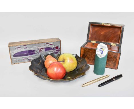 A Victorian Figured Walnut Tea Caddy, together with a lacquered papier mache dish, various Fountain pens, including Monte Bla