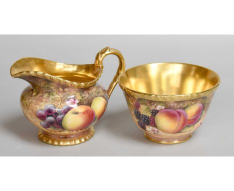 A Royal Worcester Porcelain Milk Jug and Sugar Bowl, 1970, by Peter Platt, painted with apples, peaches, blackberries, grapes