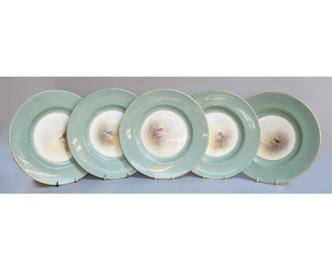 A Set of Five Royal Worcester Porcelain Plates, by James Stinton, with titled ornithological studies, under wide celadon bord