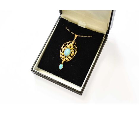 An Opal Pendant on a Chain, an oval cabochon opal in a yellow millegrain setting, within a scroll and foliate motif frame, su