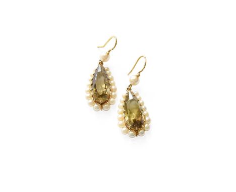 A Pair of Smoky Quartz and Cultured Pearl Drop Earrings, the pear cut smoky quartz within a border of cultured pearls, suspen