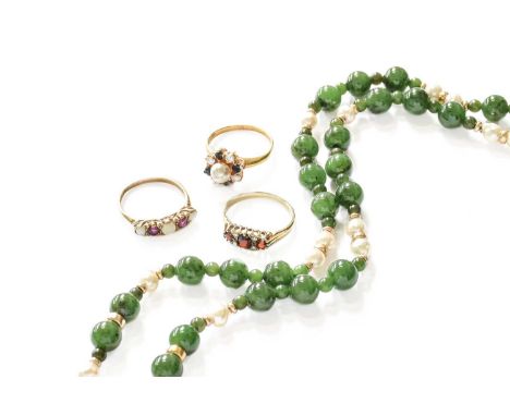 A Small Quantity of Jewellery, comprising of a nephrite and cultured pearl necklace, with a 9 carat gold clasp, length 81cm; 