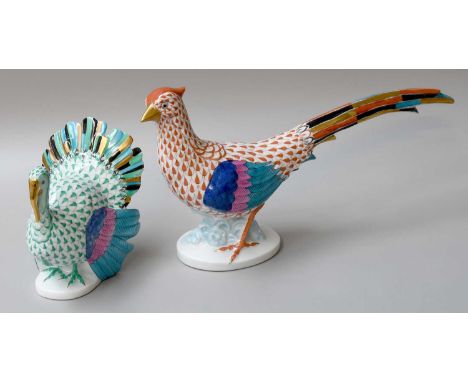 A Herend Porcelain Model of a Pheasant, red decoration, together with a model of a Turkey in green, printed marks, pheasant 3