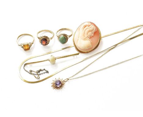 A Small Quantity of Jewellery, comprising of three 9 carat gold dress rings, including an orange glass, a garnet and a green 