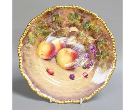 A Royal Worcester Porcelain Plate, 1960s, by Terence Nutt, painted with apples and blackberries under a gilt gadrooned border