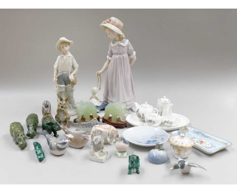 Royal Copenhagen Animal Models, together with Lladro figures, a miniture Wedgwood Beatrix Potter tea set, modern Jade and Mal