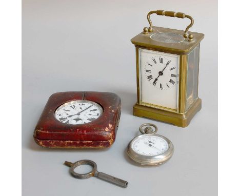 A Nickel-Plated Goliath Triple Calendar Moonphase Display Travelling Timepiece, circa 1900, in fitted travelling case, A Fren