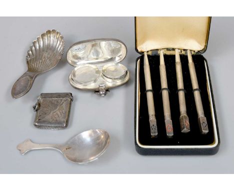 A Collection of Assorted Silver, comprising a cased set of bridge pencils, the terminal of each enamelled with one of four su
