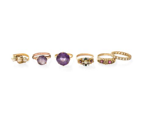 Six Gem-Set Rings, including a 9 carat gold ruby and diamond ring, finger size N; two synthetic sapphire simulating alexandri