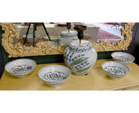 An Oka "Isphahan" Porcelain Table Lamp, of ginger jar form, 22cm to the fitting, together with four serving bowls of the same