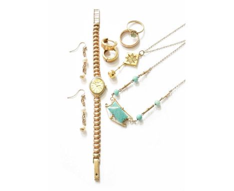 A Small Quantity of Jewellery, including a green hardstone necklace, with applied plaque stamped '9CT', length 42.5cm; a 9 ca