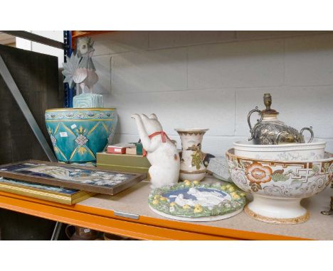 A Minton Secessionist Jardiniere, together with assorted items including similar tile panel and a modern porcelain Chinese pl