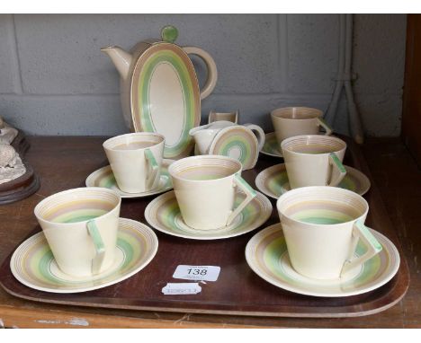 Clarice Cliff Banded Coffee Service, comprising coffee pot and cover, six cups and saucers, milk jug and sugar bowlNo chips, 
