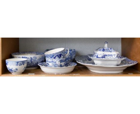 A Quantity of Spode Pottery, "Italian Blue", "Greek" and "Blue Rose", "Gothic Castle" and "Penny Lane" patterns (one shelf)