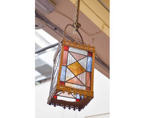 A Brass Leaded and Coloured Glass Lantern, 29cm by 18cm (not including ceiling fitment)