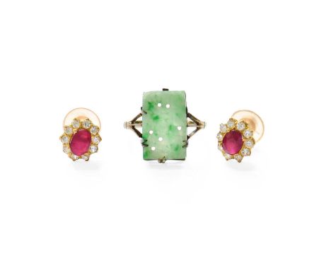 A Pair of Synthetic Ruby and Colourless Stone Cluster Earrings, the oval synthetic rubies within a border of round cut colour