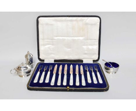 A Cased Set of Six Pairs of George V Silver and Mother-of-Pearl Fruit-Eaters, by James Dixon and Sons, Sheffield, 1924 and 19