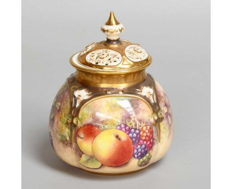 A Royal Worcester Porcelain Potpourri Jar and Cover, 1960s, by Paul Stanley, painted with peaches, grapes, apples and blackbe