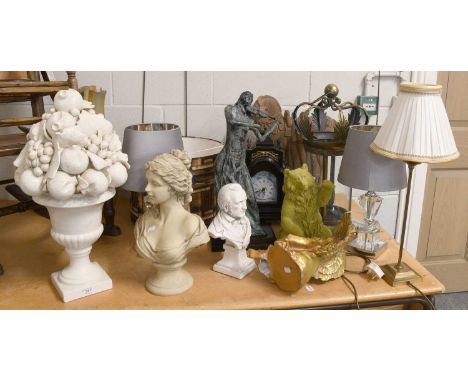 A Collection of Assorted Modern Decorative Items Including, Tang style horse, gilt metal four glass hall lantern, a pair of t