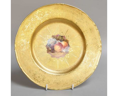 A Royal Worcester Porcelain Plate, circa 1960, by James Skerrett, painted with a central medallion of apples and blackberries