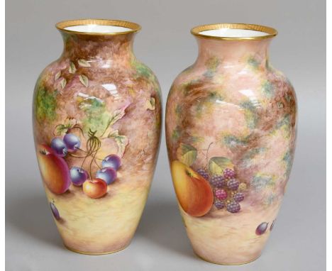 A Pair of Royal Worcester Porcelain Vases, circa 1960, of ovoid form, painted with flowers, signed M. Johnson and indistinct,