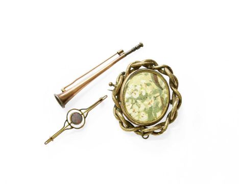 Three Brooches, including an opal example, stamped '9CT', length 5.6cm; a hunting horn example, length 7.5cm; and a mourning 
