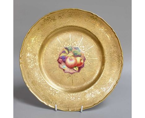 A Royal Worcester Porcelain Plate, circa 1960, by H. Skerrett, painted with a central medallion of apples and blackberries on