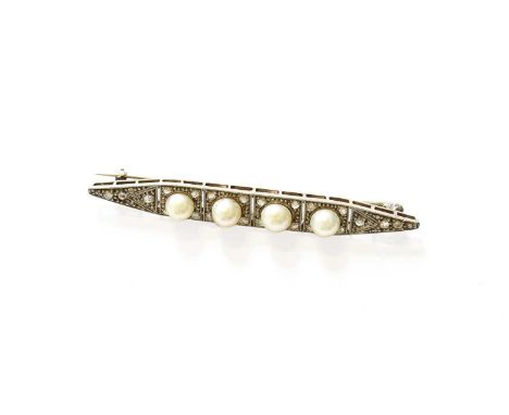 A Pearl and Diamond Brooch, four pearls in square rose cut frames, to tapered terminations similarly set with rose cut diamon