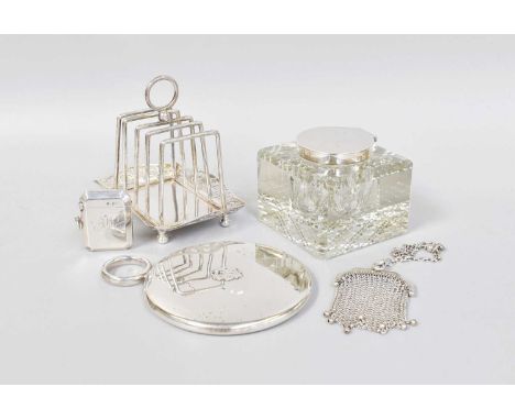 A Collection of Assorted Silver, including a five-bar toastrack; a hand-mirror; a vesta-case; a mesh purse and a silver-mount