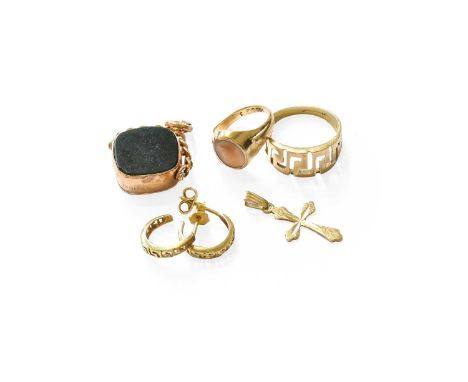 A Small Quantity of Jewellery, including a 9 carat gold bloodstone swivel fob; a 9 carat gold cross pendant; a 9 carat gold c