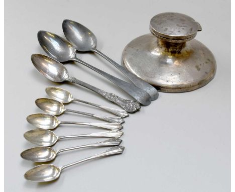 A Collection of George III and Later Silver, including a pair of Old English pattern table-spoons; a capstan-inkwell and asso