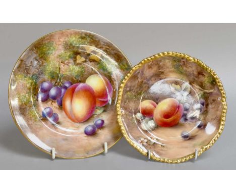 A Royal Worcester Porcelain Side Plate, 1954, by Peter Love, painted with peaches and grapes under a gilt gadroon border, sig