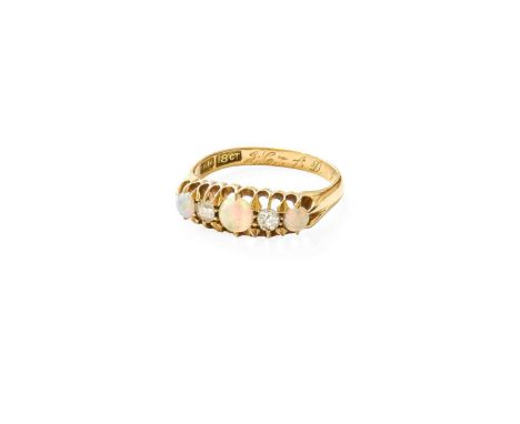 An Opal and Diamond Five Stone Ring, three round cabochon opals alternate with two old cut diamonds, in yellow claw settings,