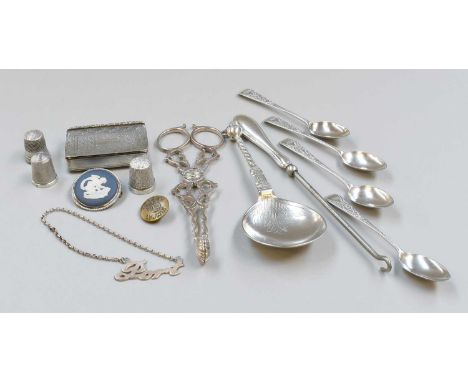 A Collection of Assorted Silver, including a snuff-box; assorted flatware, including a Norwegian spoon; three thimbles and ot