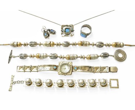 A Small Quantity of Jewellery, including a bracelet, composed of planished square articulated links with beadwork decoration,