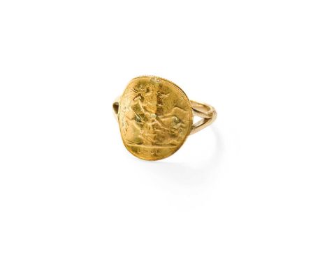 A Half Sovereign Ring, dated 1908, to a forked shoulder plain polished shank, finger size U1/2Band stamped '9CT'. Gross weigh