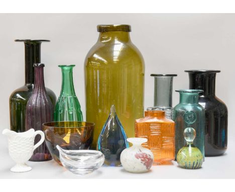 A Collection of Assorted Studio Glass, including Dartington pewter bottle vase, Whitefriars-style tangerine vase, Swedish Ahu