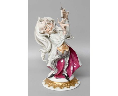 A Capodimonte Porcelain Figure, late 20th century, caricature of a doctor, on circular plinth with goilt border, crowned N ma