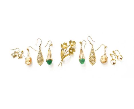 A 9 Carat Gold Cultured Pearl Floral Brooch, measures 4.9cm by 2.5cm; and Five Pairs of Drop Earrings, including a cameo exam